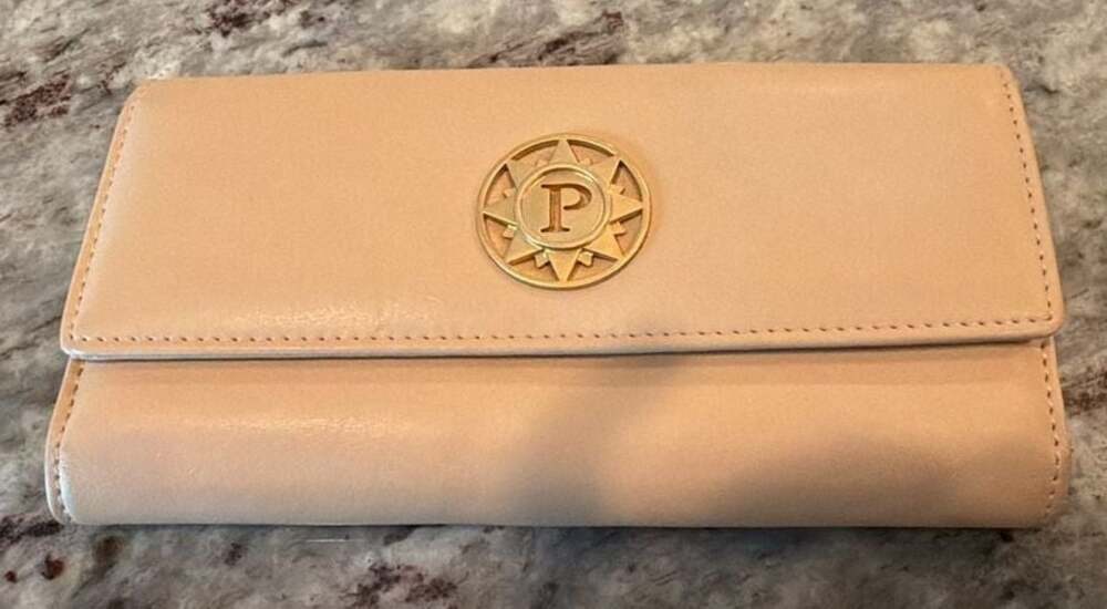 Parazul Women's Beige Leather Long Wallet with Gold Logo Emblem
